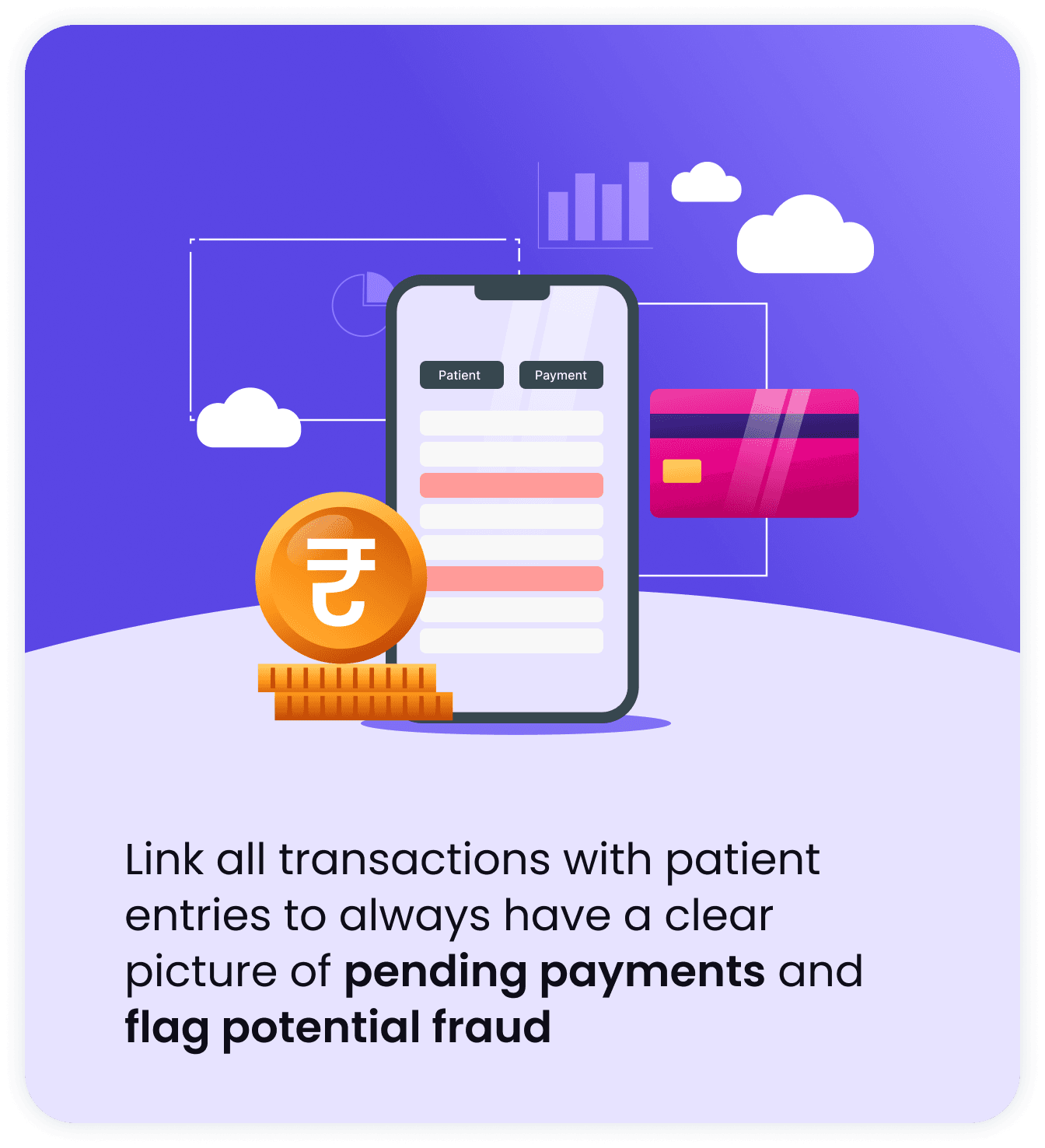 a mobile phone with a payment process being initiated. A credit card is linked to receiving payments and software on the phone will help with the reconciliation. Clouds are also present which depict it is a cloud based software