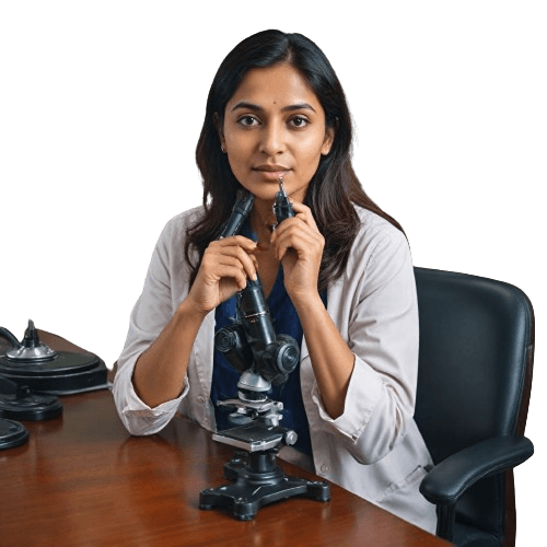 Pathologist sitting on a mahogany desk with her microscope. Her hands rest on the desk as well